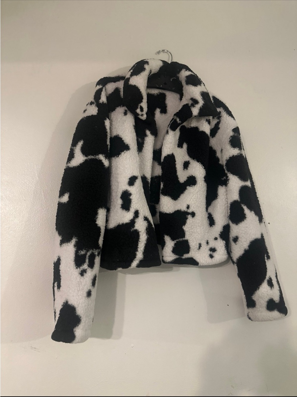 Black & White Cow Print Faux Fur Jacket